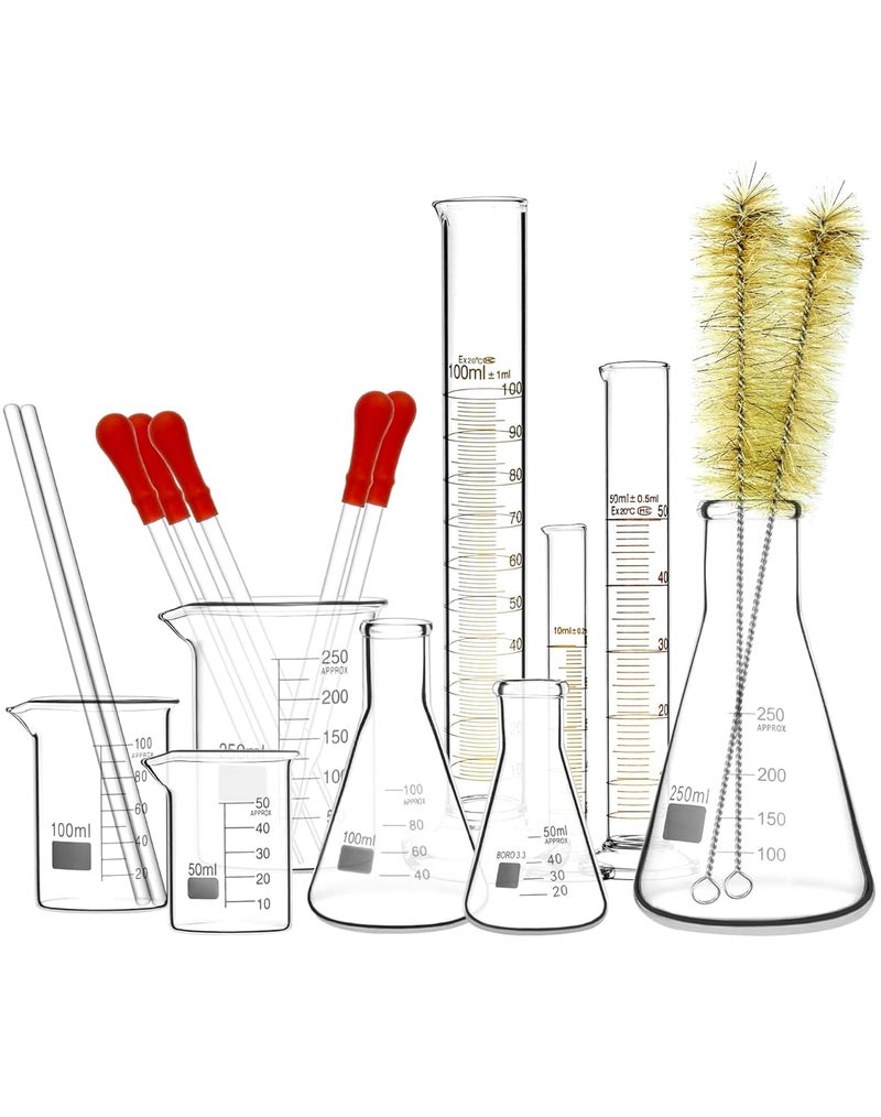 QWORK طقم زجاج مختبر، زجاج بوروسيليكات عالي الجودة، طقم بيكر، قنينة، أسطوانة، مقاوم للحرارة، مثالي للمختبرات وتجارب العلوم المدرسية - Image 1